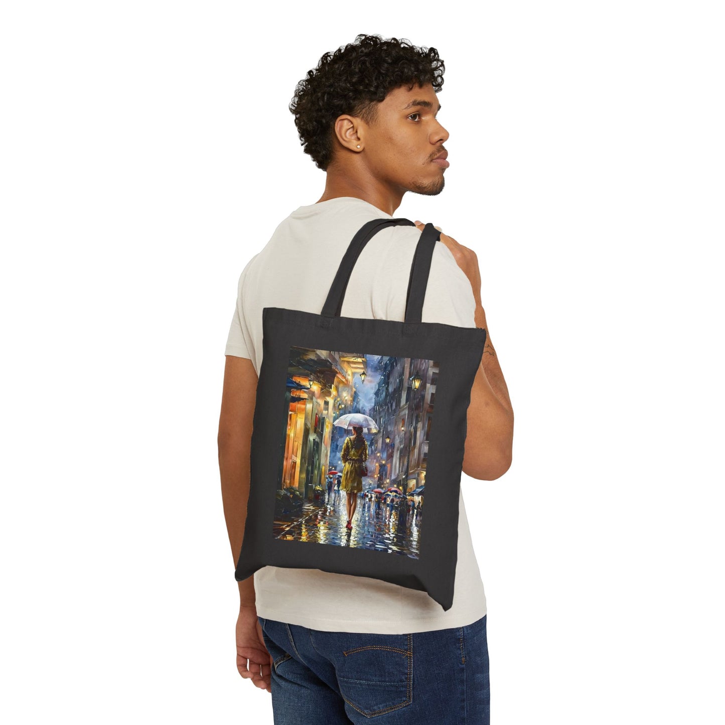 Stylish Cotton Canvas Tote Bag with Artistic Rainy Street Scene Design – Durable, Eco-Friendly, Reusable, Perfect Gift