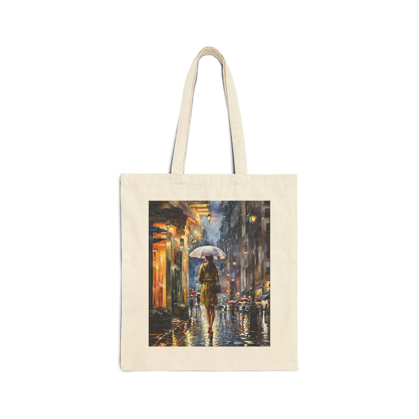 Stylish Cotton Canvas Tote Bag with Artistic Rainy Street Scene Design – Durable, Eco-Friendly, Reusable, Perfect Gift