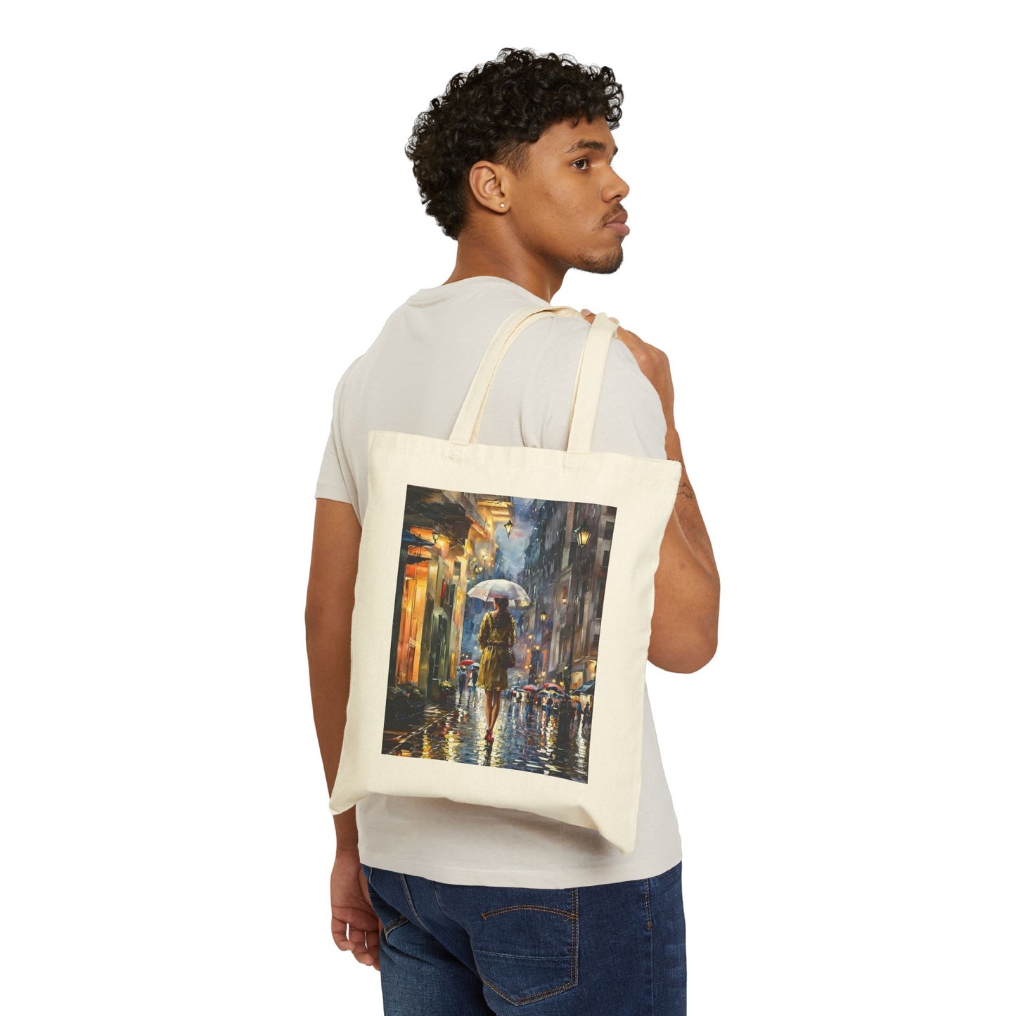 Stylish Cotton Canvas Tote Bag with Artistic Rainy Street Scene Design – Durable, Eco-Friendly, Reusable, Perfect Gift